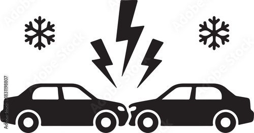 Winter car collision icon with snowflakes and lightning bolts symbolizing a traffic accident during icy weather and hazardous road conditions