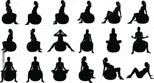 Pregnancy exercise ball silhouette set, black vector icons, seated reclining posture variations, prenatal fitness design, maternity anatomy illustration