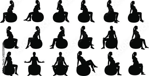 Pregnancy exercise ball silhouette set, black vector icons, seated posture variations, prenatal fitness design, maternity anatomy illustration