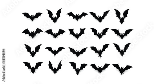 Flying bat silhouettes vector set, Halloween-themed creatures in black, isolated on white background, graphic design elements, flat vector art collection