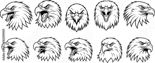 Eagle head silhouette set, black vector icons, aggressive bird expressions, fierce animal emblem, tattoo logo design, wildlife illustration pack
