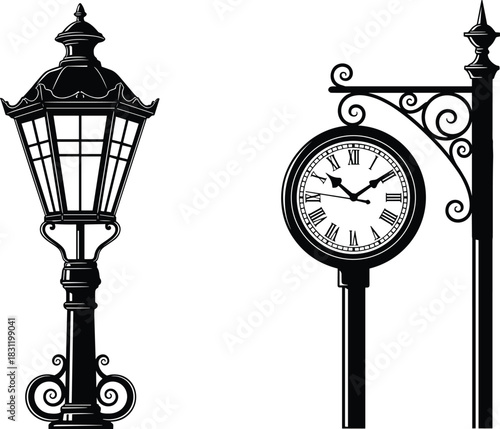 Vintage street lamp and clock silhouette, black vector icons, ornate urban fixtures, historical architecture, timekeeping design, decorative city elements