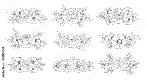 Elegant vector floral bouquets, flower arrangements, and decorative blossoms in seamless black and white line art, perfect for graphic design and nature themes