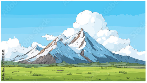 Cartoon Mountain with Blue Sky and Green Grass Illustration