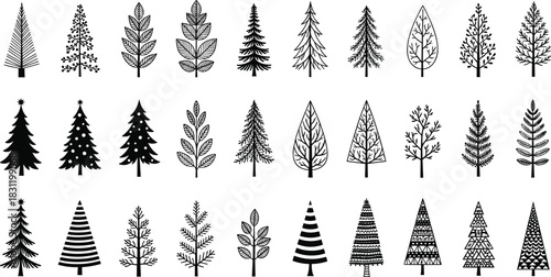 Stylized tree silhouette set, black vector icons, coniferous deciduous mix, abstract nature shapes, holiday forest design, decorative art