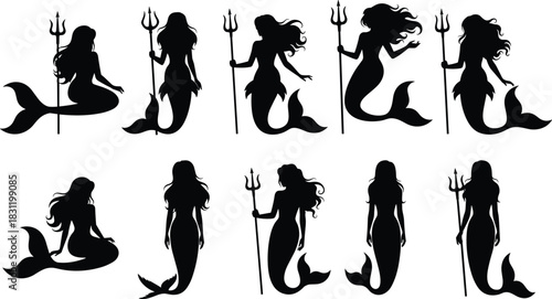 Mermaid silhouette set, black vector fantasy icons, trident poses, mythical sea creature art, tail design, ocean folklore illustration