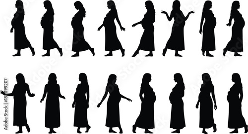 Pregnant woman silhouette set, maternity poses, baby bump, standing, walking