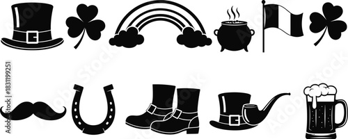 Irish culture icons, St. Patrick’s Day silhouettes, shamrock, hat, rainbow,