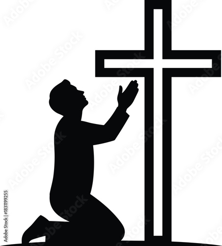 Christian prayer silhouette, kneeling figure, worship pose, cross symbol, spiritual devotion