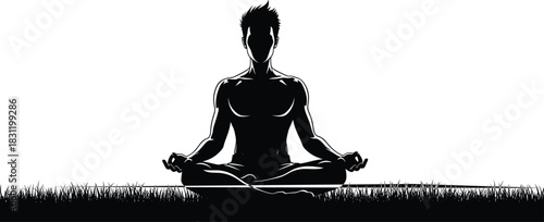 Meditation silhouette, person sitting cross-legged, mindfulness, yoga pose, grass,