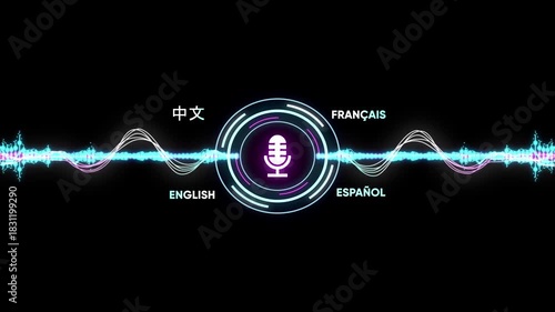 Digital sound wave equalizer with microphone icon and language options Chinese English French Spanish on black background