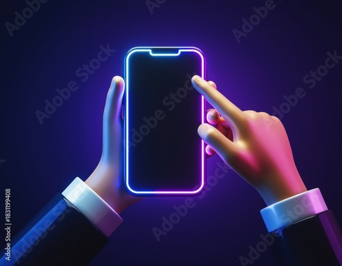 Futuristic neon smartphone interface with hand gesture control in dark setting