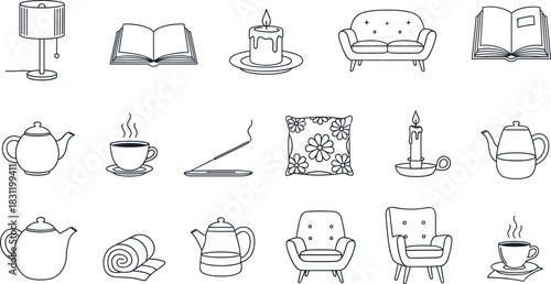 Cozy home icon set, black and white line drawings, comfort items, tea, candle, book, furniture, relaxation, interior design