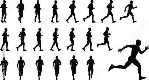 Running motion icon set, black and white sprint silhouettes, athlete posture cycle, sports biomechanics, dynamic movement illustration grid