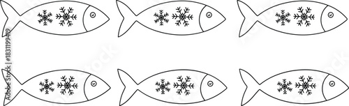 Fish icon set with snowflake patterns, black and white aquatic symbols, winter design, stylized animal, seasonal illustration grid