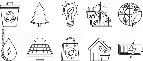 Sustainability icon set, black and white eco symbols, renewable energy design, environmental conservation, green living illustration grid
