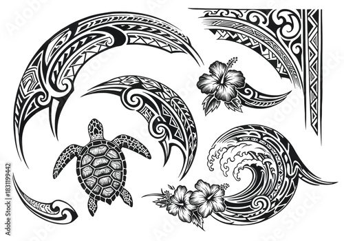 Vector Polynesian Tribal Tattoo Designs Featuring Turtle, Dolphin, and Floral Elements in Black Ink Style from Top View on White Background
