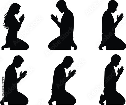 Prayer silhouette icon set, black and white kneeling figures, spiritual posture, devotion design, meditation symbol, faith illustration