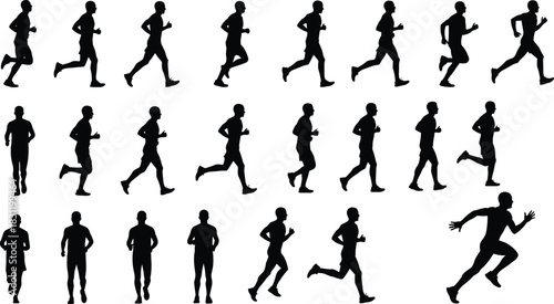 Running motion silhouette set, black and white athlete icons, human locomotion cycle, sports biomechanics, dynamic posture illustration