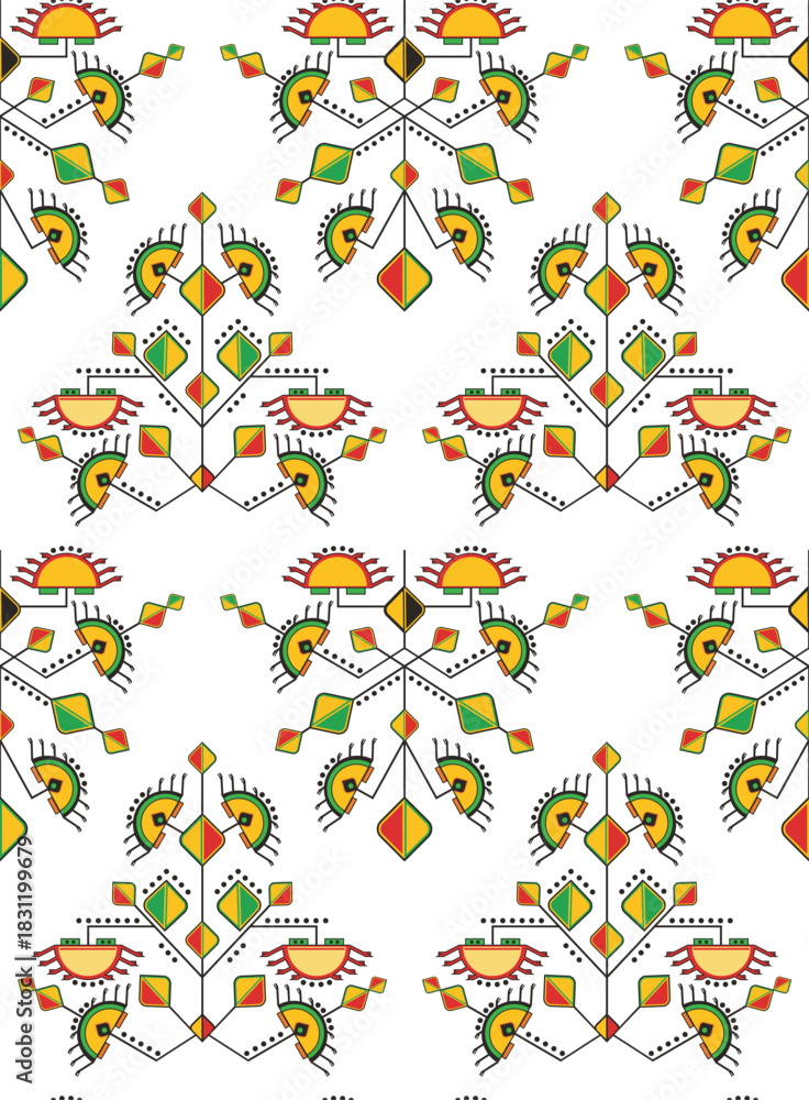Obraz premium Human-made vector seamless decorative ethnic wallpaper in Slavic style. Non-AI, great for cards, fabric, textile, packaging, paper, background, decor. Traditional folk Eastern and Oriental motifs.