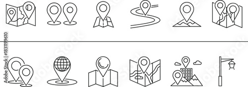 Location icon set, black and white navigation symbols, map pin designs, travel direction, GPS marker, geographic concept illustration