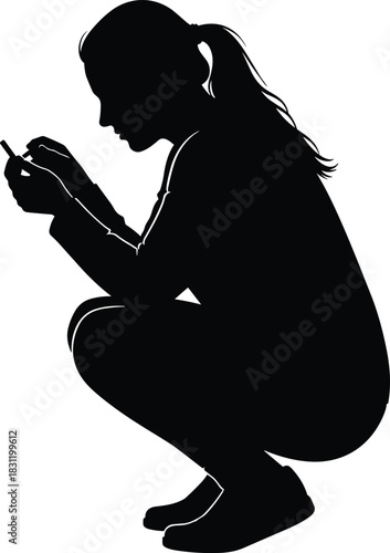 Squatting person silhouette, black and white smartphone icon, mobile user pose, casual outfit, tech behavior, digital lifestyle design