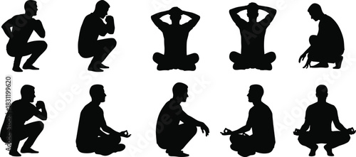 Seated and squatting silhouette set, black and white posture icons, meditation pose, casual rest, body language, lifestyle designv