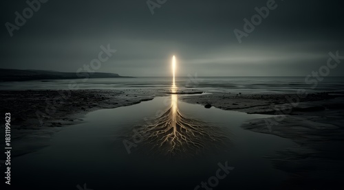 Fototapeta Naklejka Na Ścianę i Meble -  Tree is reflected in the water. The water is dark and the sky is cloudy. The image has a moody