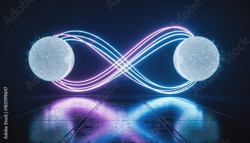 Futuristic infinity with neon lights and abstract sphere reflections