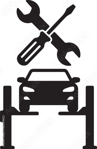 Automotive service and repair icon showing a car on a hydraulic lift with crossed wrench and screwdriver, perfect for garage.
