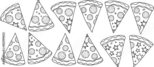 Pizza slice icon set, black and white food symbols, topping variation, cartoon style, fast food design, snack illustration