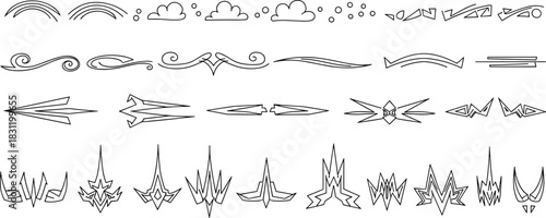 Decorative vector element set, black and white symmetrical icons, tattoo design, ornamental shapes, graphic dividers, artistic style variation