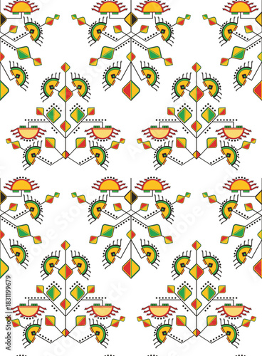 Human-made vector seamless decorative ethnic wallpaper in Slavic style. Non-AI, great for cards, fabric, textile, packaging, paper, background, decor. Traditional folk Eastern and Oriental motifs.