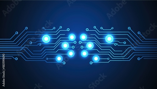 Futuristic digital circuit board with glowing blue connections and technology symbols