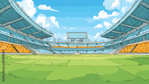 Vibrant Cartoon Soccer Stadium with Green Background Vector Illustration