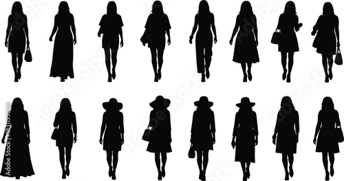 Walking women silhouette set, black and white fashion icons, outfit variation, posture study, accessory detail, style design pack