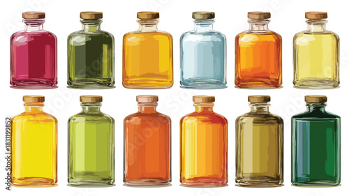 Variety of Bottles with Colorful Labels Vector Illustration