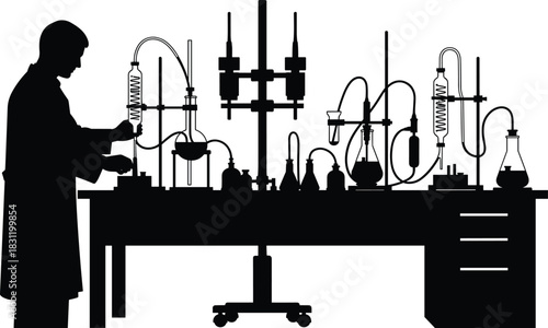 Laboratory silhouette scene, black and white science icon, chemist at lab bench, glassware setup, experiment equipment, research illustration