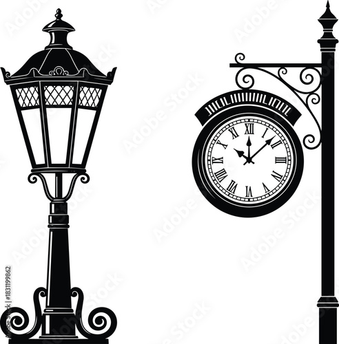Vintage street fixture illustration, black and white lamp and clock, ornate urban design, historical cityscape element, architectural detail