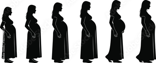Pregnancy silhouette set, black and white profile icons, maternity stages, baby bump growth, motherhood timeline, prenatal figure design
