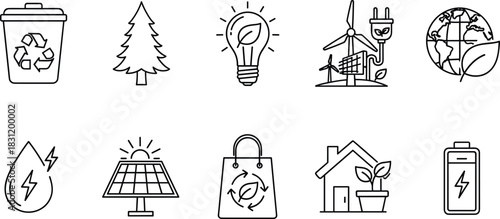 Sustainability icon set, black and white eco symbols, renewable energy, recycling, green living, environmental conservation, clean power, nature design