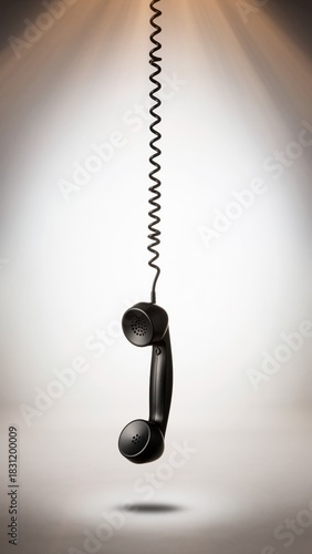 Vintage black phone receiver hanging by coiled cord in minimalist light