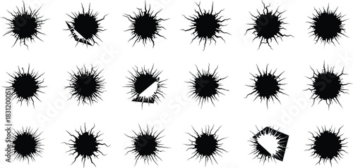 Ink splatter silhouette set, black circular damage shapes, explosion contour grid, jagged impact marks, forensic texture, abstract burst design