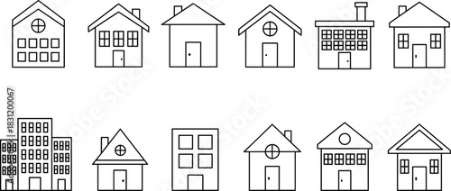 House icon silhouette set, black and white architecture, residential building shapes, urban design, roof styles, minimal home illustration grid