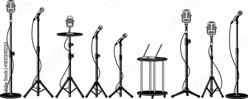 Microphone stand icons, podcast setup, audio equipment silhouettes, vintage and modern mics, black vector illustrations, recording studio elements