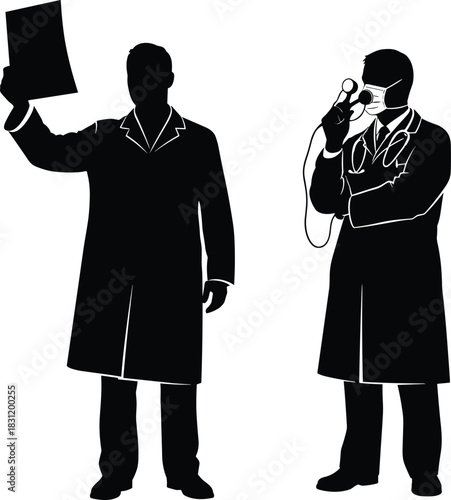 PrintMedical professional silhouettes, healthcare workers, doctor with stethoscope, lab coat figures, diagnostic pose, black vector icons, hospital staff