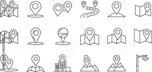 Location icons, navigation pins, folded maps, GPS symbols, travel route markers, mountain map elements, black vector illustrations, urban design