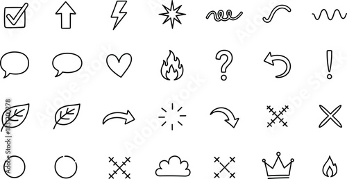 Symbol icon set, black vector shapes, arrows, speech bubbles, hearts, flames, stars, checkmarks, abstract UI elements, graphic design