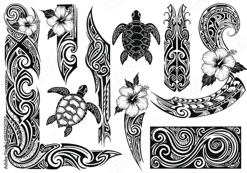 Intricate Polynesian Tribal Tattoo Art Featuring Sea Turtles and Floral Patterns in Black and White Vector Illustration with Cultural Symbols