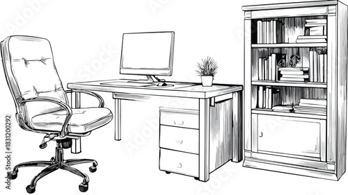 Modern Home Office Interior with Computer Desk, Chair, and Bookcase